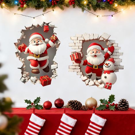 Adesivo murale 3D con effetto "sfondamento muro", set da 2 pezzi con design di Babbo Natale in 3D, autoadesivo, ideale per la decorazione della casa. (1/3)