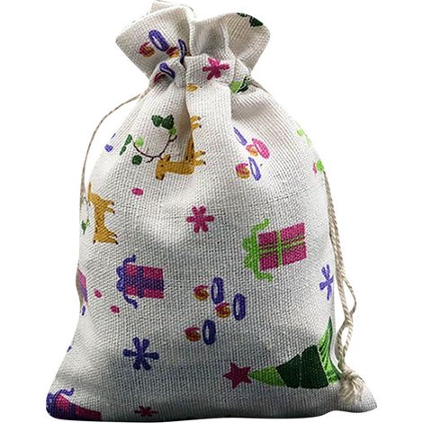 Sac Cadeau Réutilisable En Toile de Jute Avec Cordon de Fermeture - Imprimé Festif Noël Anniversaire Fête - 25 x 20 cm - Lot de 1 (1/4)