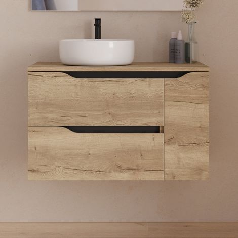 Meuble de salle de bain 80cm avec plateau et vasque à poser déportée à gauche Ares - sans miroir - 2 tiroirs et un placard - madera miel (bois clair) - ZARZA