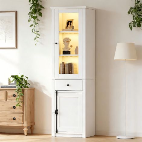 Vitrine haute blanche, vitrine de salon avec led, 2 portes et 1 tiroir, 55x40x200 cm (1/5)