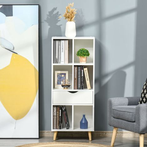 Estantería para Libros con 1 Cajón y Patas de Madera 6 Compartimentos Abiertos de Almacenaje 50x29,5x120 cm Blanco (1/5)