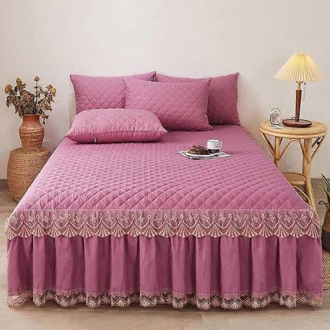Ensemble de 3 pièces automne-hiver : jupe de lit en coton épais matelassé et dentelle couvre-lit antidérapant et taie d'oreiller 180 x 200 cm violet (1/5)