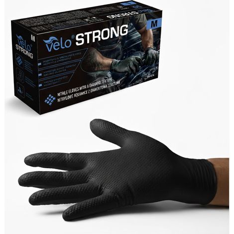 VELO "M" STRONG Schwarze Nitrilhandschuhe mit Diamantstruktur, 50er-Packung