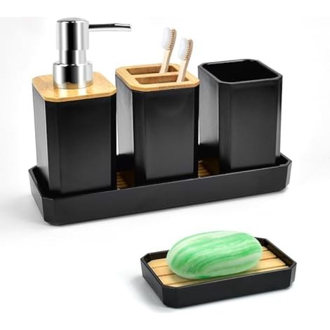 5 Pièces Ensemble d'Accessoires de Salle de Bain Accessoire pour Salle de Bain en Bambou avec Bouteilles de Lotion, Porte-Brosse à Dents, Gobelet à Dents, Porte-Savon, Plateau (Noir) (1/5)