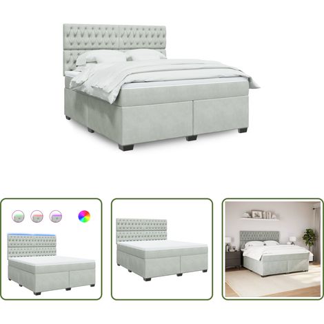 vidaXL LED-Beleuchtung - Boxspringbett mit Matratze Hellgrau 180x200 cm Samt (1/5)