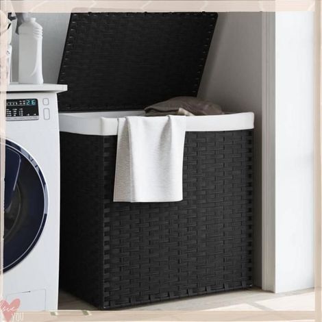 372037 Panier à linge avec 2 sections noir 53x35x57 cm résine tressée (1/5)