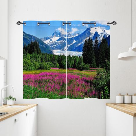 Rideau Occultant Nature Neige Montagne Forêt Fleur Rideau Thermique Isolant Tenture Opaque à Oeillets Draperies Intérieurs pour Maison Chambre Salon 2 Panneaux L 60 x H 90 cm - 60L X 90H cm (2 Panneau (1/5)