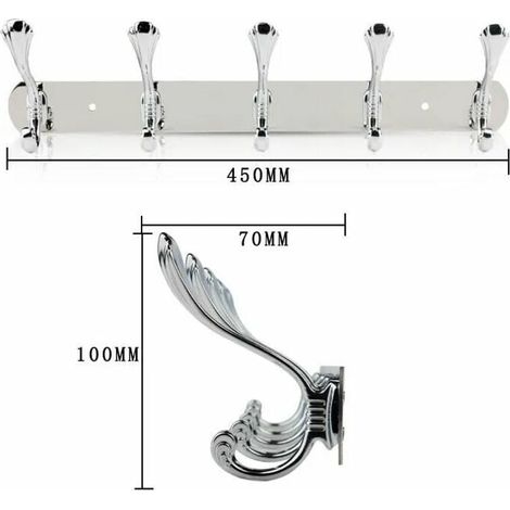 Badezimmerhaken zur Wandmontage mit 5 Haken - Edelstahl - Silber - 45 x 7 x 10 cm