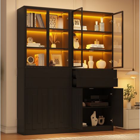 Vitrine LED 140x34x180 cm, 4 portes vitrées, éclairage LED Bluetooth, 2 tiroirs, rangement, panneaux de particules noir (1/5)