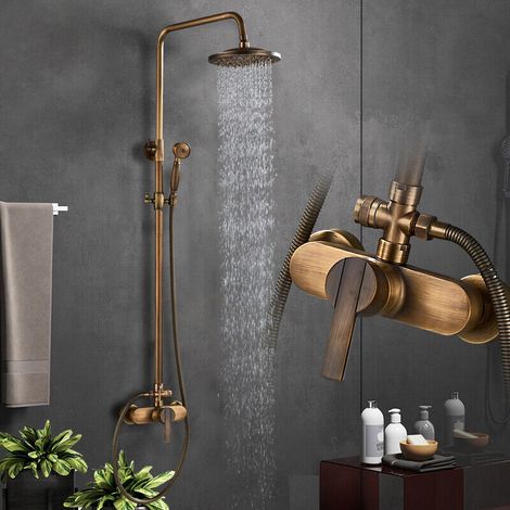 Antique Brass Shower System, Vintage Luxury Brass Shower Faucet Set, Shower Mixer Tap with Rainfall Shower Head, Handheld Shower, Rain Shower Mixer Set (1/5)