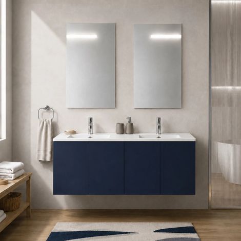 Mobile bagno sospeso 120 cm blu due ante e doppia vasca Tierra (1/5)