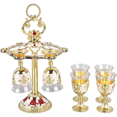 Lot de 6 calices chinois rétro en alliage de zinc et verre à motif floral en relief, or et blanc, parfaits pour les fêtes, banquets et réunions de famille. (1/5)