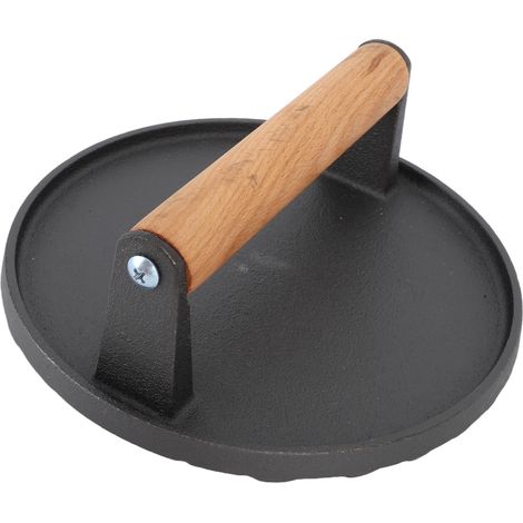 Steakgewicht aus Gusseisen, Speckpresse, Holzgriff, gemusterter Boden, Grillpresse für Burger, Pfannengrill, Sandwiches, Grillgemüse, rund (1/5)