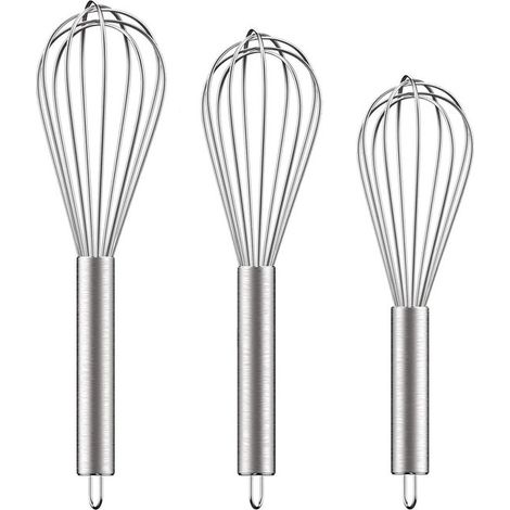 3 piezas, Batidor de huevos, Batidor de huevos manual, 8 pulgadas + 10 pulgadas + 12 pulgadas, Batidora de crema, plateado, acero inoxidable (1/4)