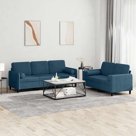 2-tlg. Sofagarnitur mit Kissen Blau Samt (1/5)
