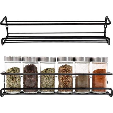 Ensemble de rangement pour épices - Étagère murale - Organisation de cuisine - Montage sans perçage - 2 pièces 29 cm - Noir (1/5)