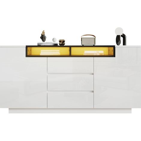 Buffet de salon 140 x 40 x 68 cm blanc et noir avec 2 portes, 3 tiroirs et LED (1/5)