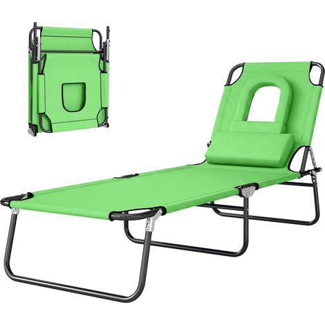 Transat pliable avec ouverture visage et coussin, housse déperlante, structure métal, vert