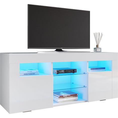 ELEGANT 1200mm White TV Unit High Gloss TV Cabinets for Living Room Bedroom with 2 Glass Shelves and 2 Doors, Handleless Design