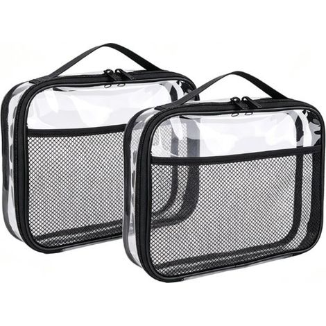Sacs de rangement transparents – Lot de 2 – 24 x 18 x 4,5 cm – Étanches et portables avec poche intérieure – Pour loisirs créatifs et fournitures scolaires – Noir (1/5)