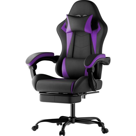 Chaise de jeu ergonomique avec soutien lombaire et appui-tête, chaise de jeu réglable en hauteur, chaise PC pour adultes, filles et garçons, noir/violet