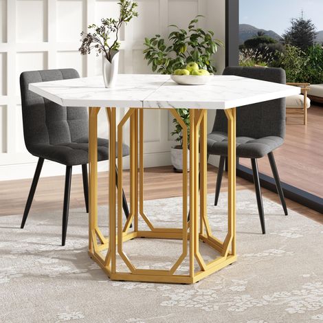 Sechseckiger Marmortisch für die Küche mit Metallbeinen und elegantem Marmormuster in Gold-Perfekt als Frühstückstisch (1/5)
