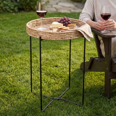 Mai & Mai Beistelltisch rund Ø37×H55 cm, Couchtisch klein mit abnehmbarem Tablett aus Papierkordel, Sofatisch für Wohnzimmer, Schlafzimmer und Balkon, Schwarz Reglo-08 (1/5)