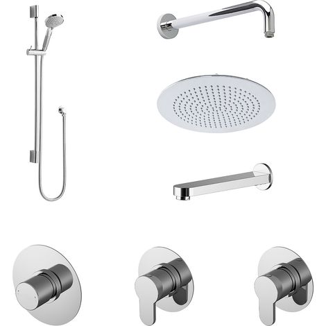 3 Outlet Concealed Valves Shower Bundle with Slide Rail Kit, Wall Mount Arm, Head & Bath Spout- Chrome