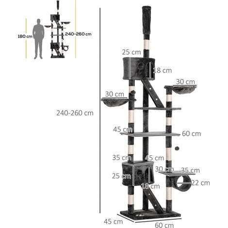 Arbre à chat suspendu plafond 240-260 cm, pour chats de grande taille, avec corde sisal gris anthracite pour griffer et se reposer. (1/5)