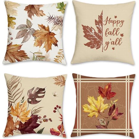 Housses de coussin 45x45 cm, motif feuilles d'automne, lot de 4, style ferme, décoration automnale. Housses de coussin décoratives feuilles d'érable (1/4)