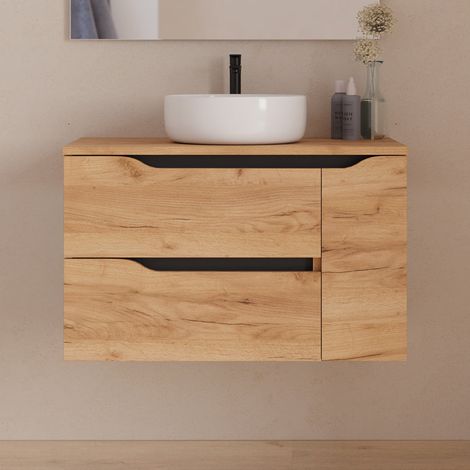 Meuble de salle de bain 80cm avec plateau et vasque à poser centrée Ares - sans miroir - 2 tiroirs et un placard - roble (chêne clair) - ZARZA