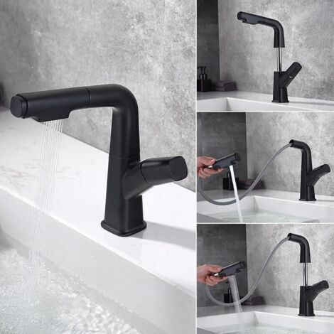 QORVA-Robinet d'évier extractible, robinet rotatif d'eau chaude et froide, noir