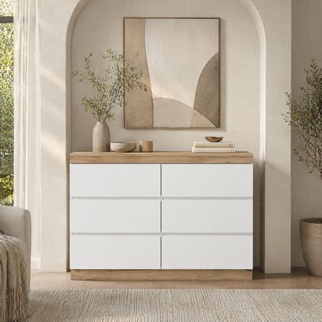Cassettiera 110x40x67,5 cm bianco e rovere, 6 cassetti, pannelli truciolari E1 MEUBLIV (1/5)