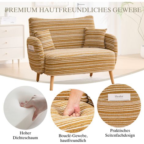 Canapé 2 places moderne bouclé jaune moutarde – profond, accoudoirs ultra-confortables, coussins inclus + sac de rangement – idéal chambre/salon (1/4)