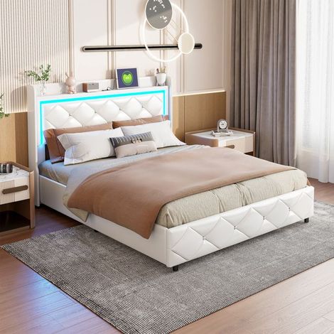 Doppelbett - TANANT - 140x200 cm - Integrierte LED - Stauraum - Weißes PU-Leder