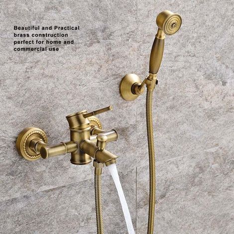 Set doccia in ottone, semplice e antico, modello a parete in stile europeo, completo di accessori per il bagno. (1/4)