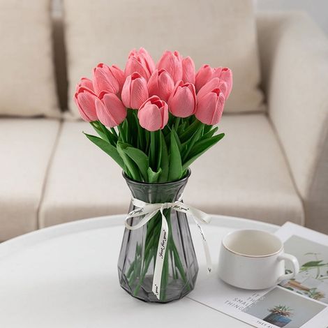 Tulipe Artificielle - 35 cm - Tige Souple en Plastique - Pétales en Polyuréthane - Décoration Intérieure Maison Bureau Mariage Fête - Lot de 20 (1/4)