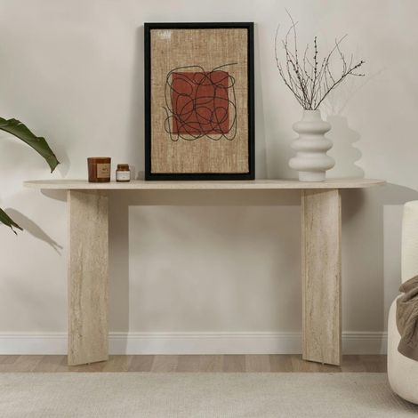 Pier Import – Console de salon ovale effet travertin – pieds en V – MDF mélaminé facile d'entretien – dimensions 150x35x75cm (1/5)