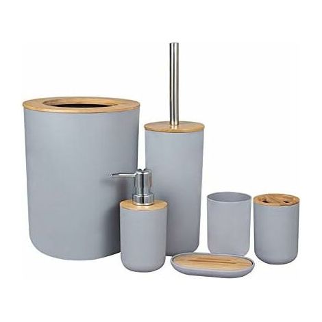 Bathroom set 6 pieces of bamboo bathroom accessories set Fashion environmentally co.ukiendly bathroom accessories soap dispenser, trash can (4 liters), toothbrush holder, tooth cup, toilet brush and s (1/5)