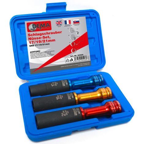 Dema – Douilles de serrage à déclenchement 100Nm pour clé à chocs – Tailles 17/19/21mm – Coffret PVC inclus – Pour véhicules légers