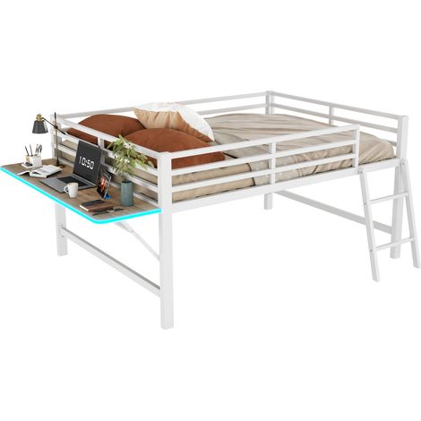 Lit mezzanine 140x200 en métal blanc avec bureau pliant, échelle, sécurité enfants et bande LED, sans matelas, gain de place pour chambre CHICFURN (1/5)