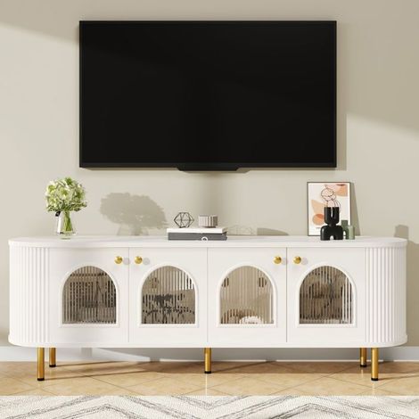 Meuble TV avec rangement 170x40x60, portes vitrées Meuble TV contemporain, accents dorés, passe-câbles intégré (1/5)