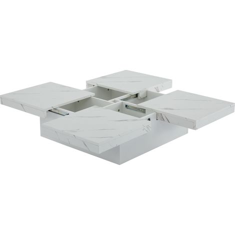 Tavolino quadrato bianco effetto marmo 90 x 90 x 25 cm, 4 cassetti, piano scorrevole, HOMVRA (1/5)