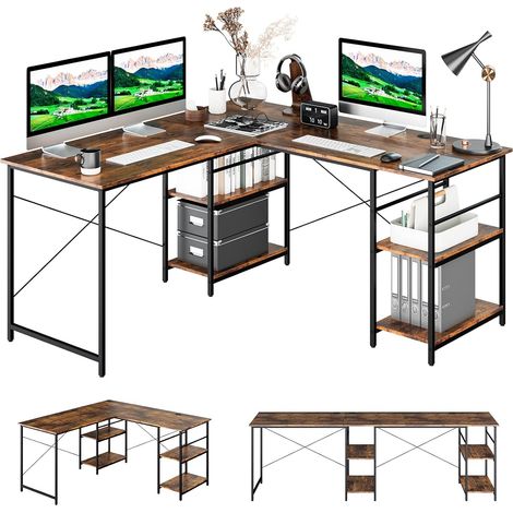 COSTWAY Scrivania Angolare per Computer con Supporto per Monitor, Scrivania Porta PC in Legno, Scrivania Salvaspazio e Moderna per Ufficio e Studio, 242 x 60 x 75 cm (Marrone) (1/5)