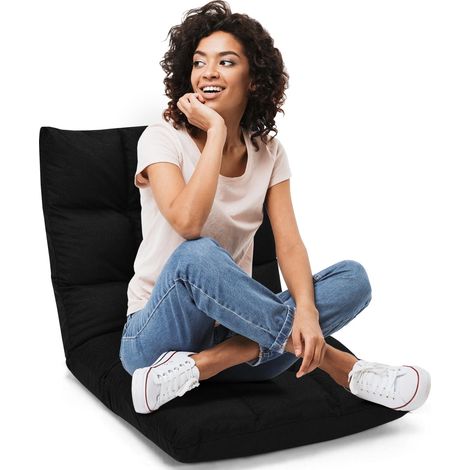 COSTWAY Sedia da Pavimento, Cuscino Imbottito da Terra con Schienale Regolabile a 14 Livelli, Poltrona Pieghevole Relax, Lettura, Yoga, per Soggiorno, Camera da Letto (Nero, Lino, 68 x 57 x 56 cm) (1/5)