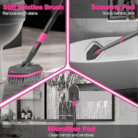 Un ensemble de brosses de nettoyage pour douche, comprenant une brosse à long manche, une tête en éponge et un chiffon de nettoyage, adapté au nettoyage de la salle de bain et des carreaux. (1/5)