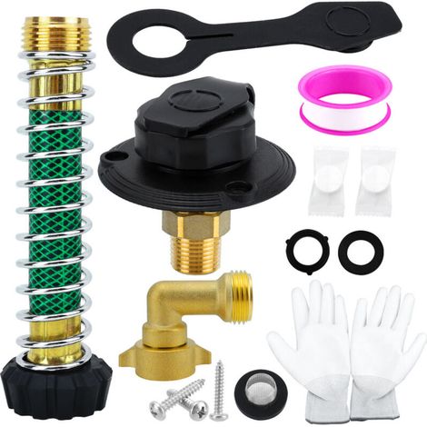 Bride d'entrée d'eau noire pour camping-car avec clapet anti-retour, raccord femelle 3/4 NH vers mâle 1/2 NPT, coude à 90°, bouchon anti-poussière et filtre