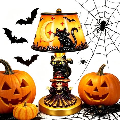 Lampe Halloween Chat en Résine, Lampe LED de Table avec Lumière Chaude USB, Décoration Fantôme pour Chambre et Salon (1/5)