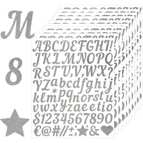 12 fogli di adesivi con lettere,adesivi con nomi dell'alfabeto,adesivi con lettere dell'alfabeto,adesivi per valigie,biglietti d'auguri,argento (1/5)