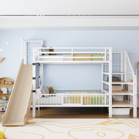 Lit superposé métal blanc 90x200 cm avec toboggan, escalier tiroirs, barrières de sécurité et étagères. Lit économique pour chambre enfant ou adolescent.
